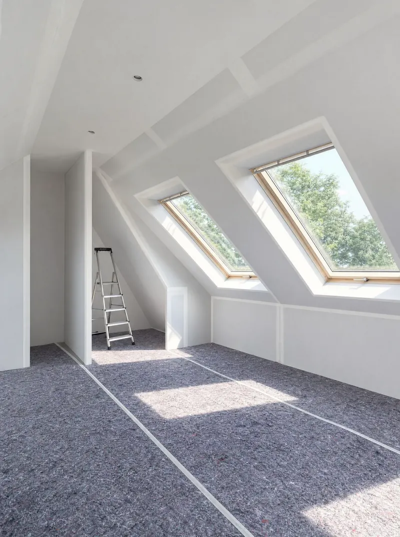Dachgeschoss im Ausbau mit frisch verspachtelten Trockenbau-Schrägen und Dachfenstern