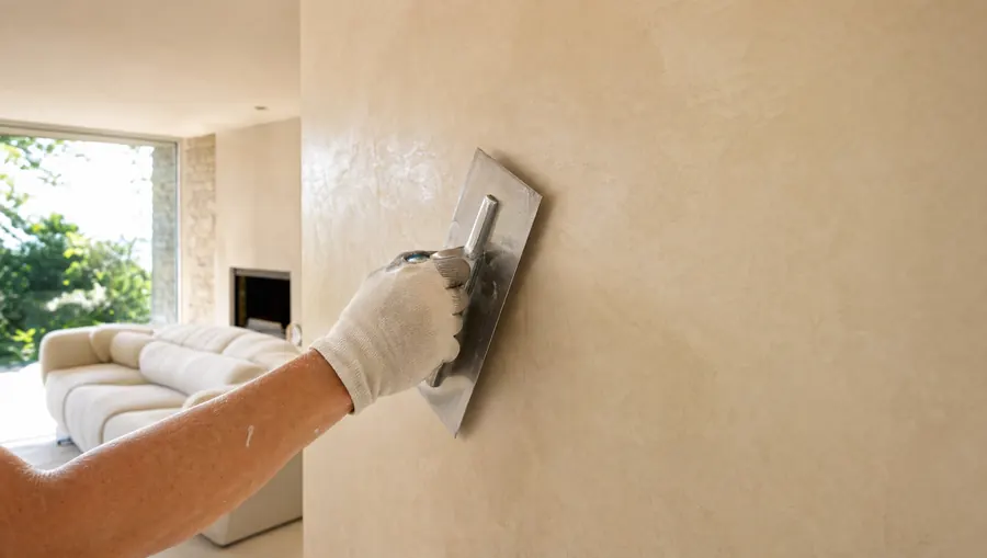 Handwerker trägt mit einer Glättkelle Kalkputz auf eine Wohnzimmerwand auf